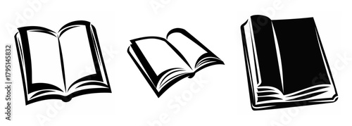 Collection of three open and closed books artistic rendering for reading and literature