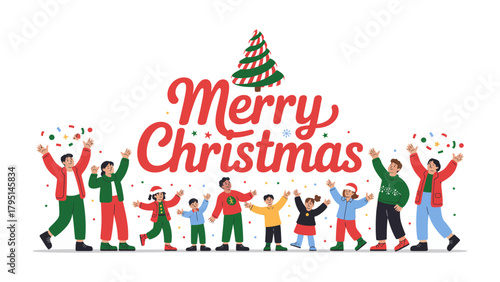 Joyous Christmas Celebration: A heartwarming scene captures a festive group rejoicing during the most wonderful time of the year, with Merry Christmas script in the foreground.