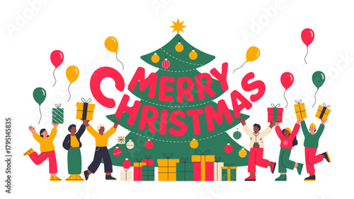 Joyous Christmas Celebration: A festive gathering beneath a beautifully adorned Christmas tree, celebrating the season of giving with joyful presents, balloons, and shared happiness.