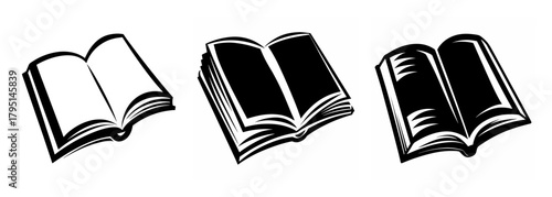 Three open books showing different styles of pages and textures for reading and learning