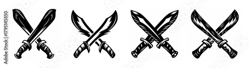 Set of four crossed machetes featuring unique handle and blade designs graphic elements
