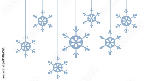Minimalist winter graphic featuring seven stylized pale blue snowflakes hanging at various lengths by thin lines against a clean white background. Simple and elegant design for Christmas, New Year, or