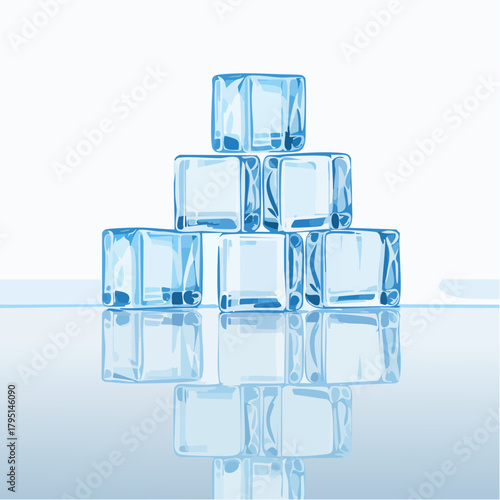 Clear blue ice cubes stacked in a pyramid shape on a reflective surface with a white background and soft light casting subtle shadows suggesting coldness and refreshment