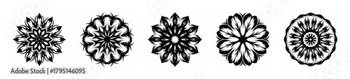 Five intricate black and white mandalas with radial symmetry and complex floral patterns in a row