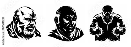 Three expressive black and white portraits of determined men with rugged features in artistic sketch style