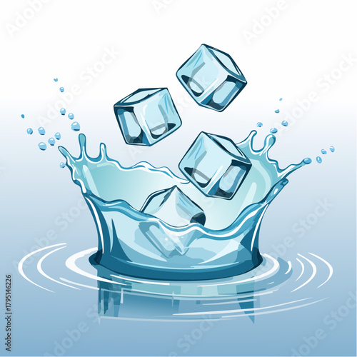 Crystal Clear Ice Cubes Splash Into Refreshing Cool Water Creating Ripples and Droplets on a White and Blue Gradient Background with Subtle Lighting