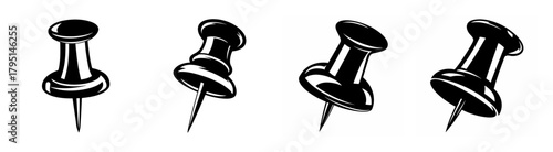 Four black push pins arranged in a row different angles drawing style office supplies
