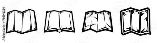 Four hand drawn style maps folded and unfolded representing navigation and exploration elements