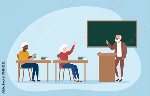 A professor lecturing to a class of two elderly students in a classroom setting. The scene suggests a mature learning environment. Elderly Learning.