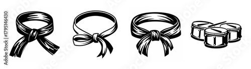 Four images show different martial arts belts tied in various knot formations and styles