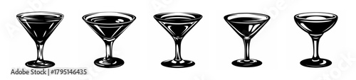 Five martini glasses lined up together showing a celebratory drink concept artistic rendering