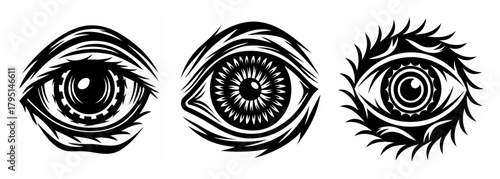 Trippy mechanical eye art collection black and white stylized human eye imagery