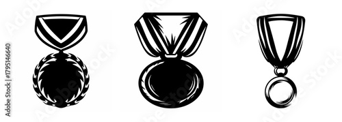 Three distinct award medals with ribbons presented in a horizontal row showcasing design variations and achievement recognition