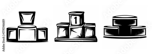 Three distinct podium designs showcasing first second and third place tiers for awards competitions