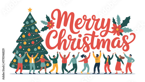 Christmas Joyful Celebration: A joyful festive scene of people celebrating a holiday. The scene is bright and cheerful, evoking the spirit of the season.