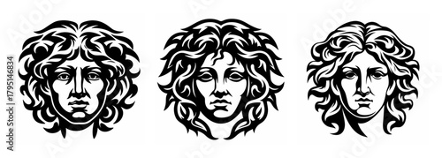 Three medusa head glyphs ancient greek mythology art featuring snakes for hair and intense expressions
