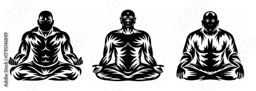 Three serene men meditating in lotus pose achieving inner peace and calmness