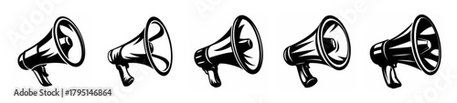 Collection of five hand-drawn megaphone icons representing communication announcement and attention-grabbing signals