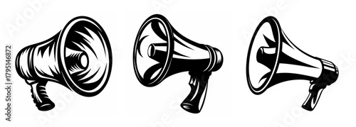 Three vintage megaphones displayed in various angles for loud announcements and public speaking