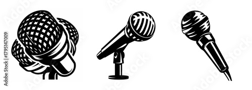 Vintage retro microphones collection dynamic vocal recording studio performance equipment icons