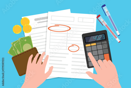 Tax payment concept with golden coin, Accountant calculating tax and managing finances, Hand press calculator button and using calculator for data analysis with top view.