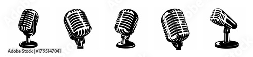 Collection of vintage retro microphones on stands for audio recording and broadcasting performances captured in a sketchy artistic style