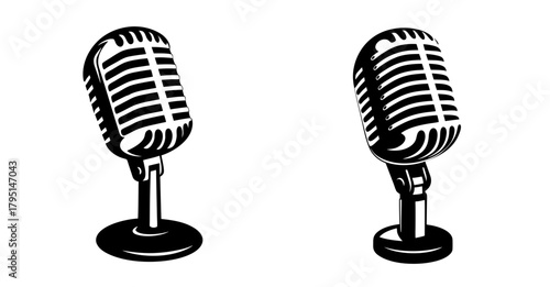 Classic retro microphone on stand vintage broadcast audio equipment two views