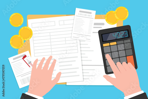 Financial documents calculating with calculator, Bill payment calculating with money pocket and golden coin.