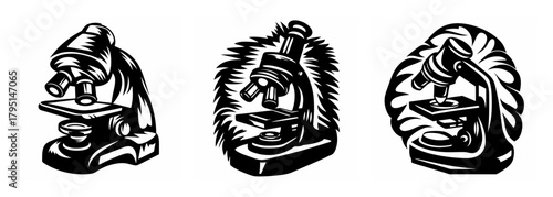 Three vintage style illustrations of microscopes with unique artistic flair and detailed etching effects