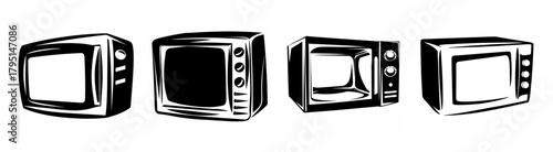 Four distinct sketched microwave ovens in various angles showcasing modern kitchen appliance designs and functionalities