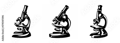 Vintage microscope three views scientific equipment illustration for education and research exploration