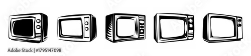 Five stylized sketches of a microwave oven shown from different angles and perspectives in a linear arrangement