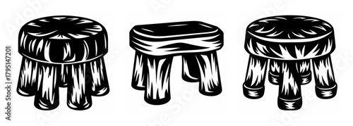 Three rustic wooden milking stools for farm livestock agriculture and countryside scenes