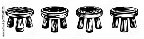 Four wooden milking stools with three legs each displayed side by side in a line