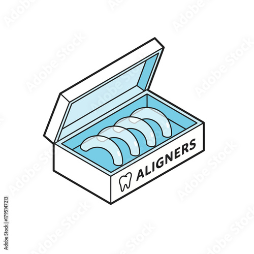 An isometric illustration of aligners in a box, ideal for dental health promotion and informative content