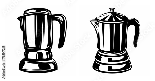 Two retro style metal coffee makers side by side detailed drawing vintage coffee pot appliance