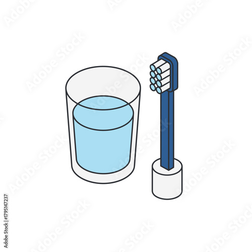 An isometric illustration of a toothbrush and a glass of water, ideal for health and hygiene concepts
