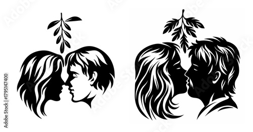 Vintage style couple sharing a romantic mistletoe kiss during holiday celebrations