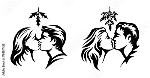 Romantic couple sharing a tender kiss underneath traditional mistletoe symbolizing holiday affection and love