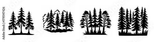 Collection of black and white stylized pine tree silhouettes for rustic nature designs and outdoor themes