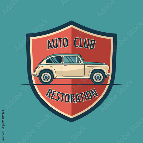 Vintage Auto Club Restoration Emblem with Classic Car Illustration.