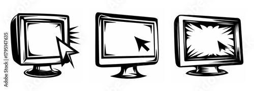 Three hand-drawn computer monitors displaying cursor interaction and glowing screens