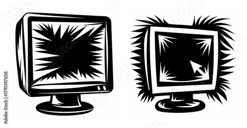 Two stylized computer monitors displaying broken screens with sharp jagged lines radiating outward on s