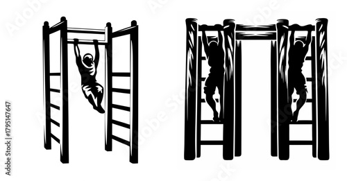 Children playing on jungle gym monkey bars showing upper body strength and athletic activity outdoors