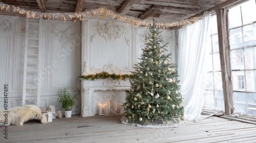 Fototapeta Naklejka Na Ścianę i Meble -  a small, decorated christmas tree stands 