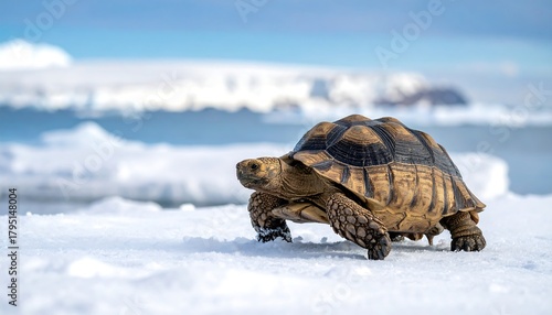 Tortoise ambles across the snowy ground, ocean and islands visible blurred in the distance under a blue sky