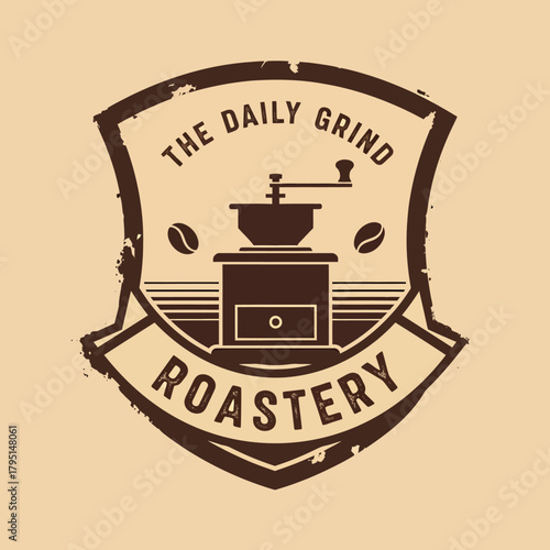 Vintage coffee roastery logo with a manual grinder emblem Retro style badge for The Daily Grind Roastery cafe or shop.