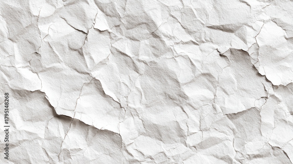Fototapeta premium A close-up of crumpled white paper, showcasing textured wrinkles and shadows, creating a unique and abstract visual appeal.