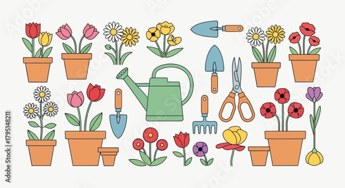 Spring Gardening Illustration with Colorful Flowers in a Pot – Nature Bloom, Decorative Flowerpot Design, Plant Growth, Seasonal Beauty, Floral Decoration, Bright Garden Art for Spring Themes