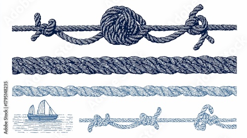 Detailed nautical rope borders with knots and a small sailboat illustration